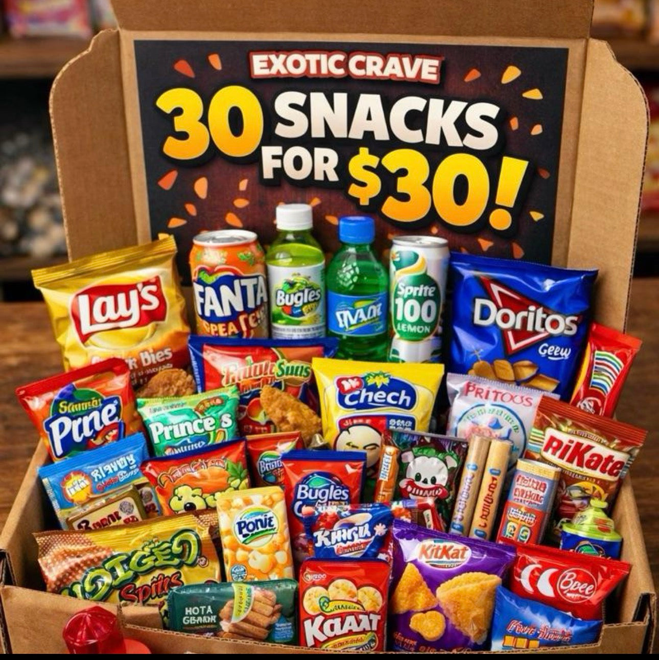 Exotic Crave 30 Snacks for $30! Variety Pack Includes chips, drinks,candy , chocolate and More